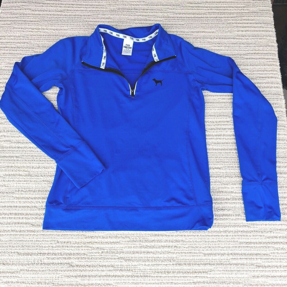 PINK Victoria's Secret Ultimate Half Zip Pullover Blue Dog Logo Thumbholes M